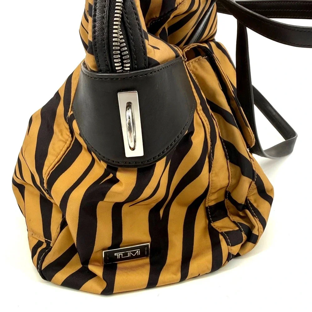 TUMI Tiger Zebra Cortina Boarding Bag Nylon Travel Tote Weekender Leather Trim